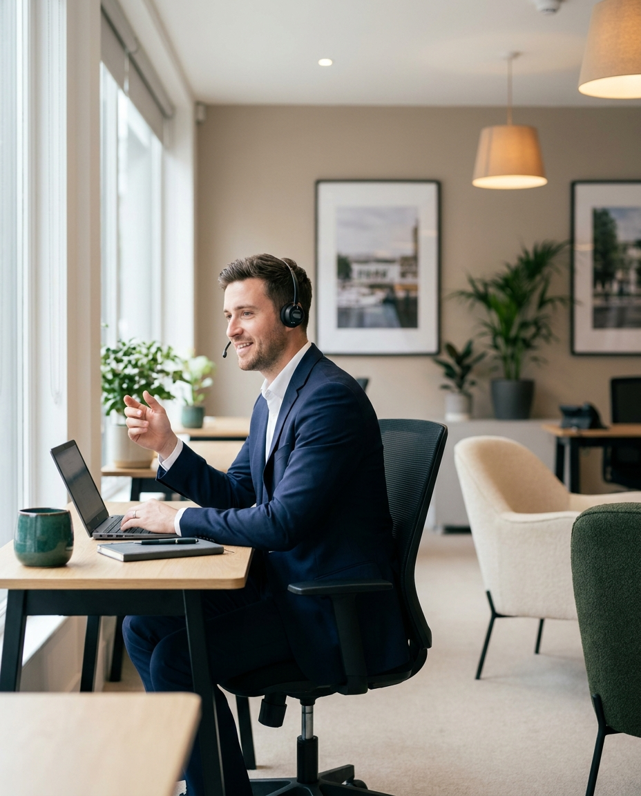 An estate agent taking a call in a calm, modern London office