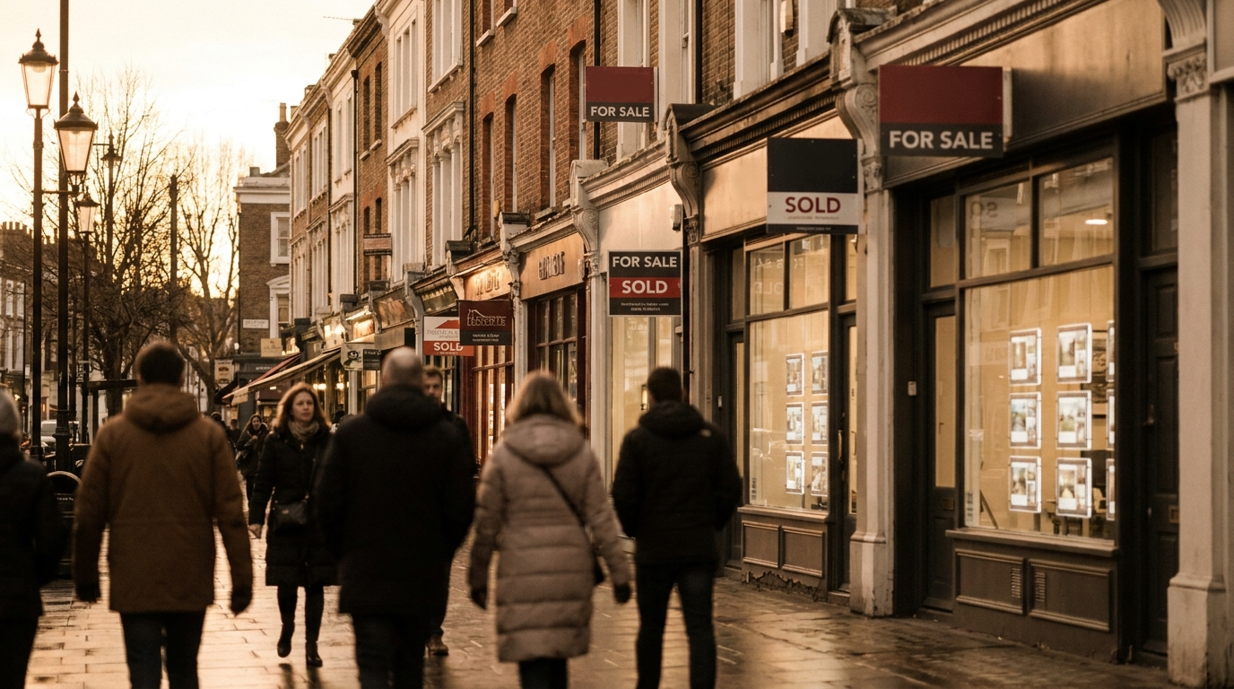A London high street lined with estate agency For Sale and Sold boards at golden hour